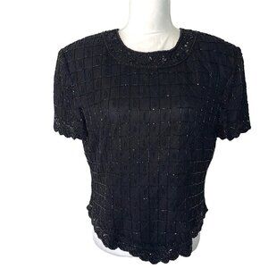 Papell Boutique Pure Silk Beaded Top Womens Vintage Short Sleeve Zipper Back
